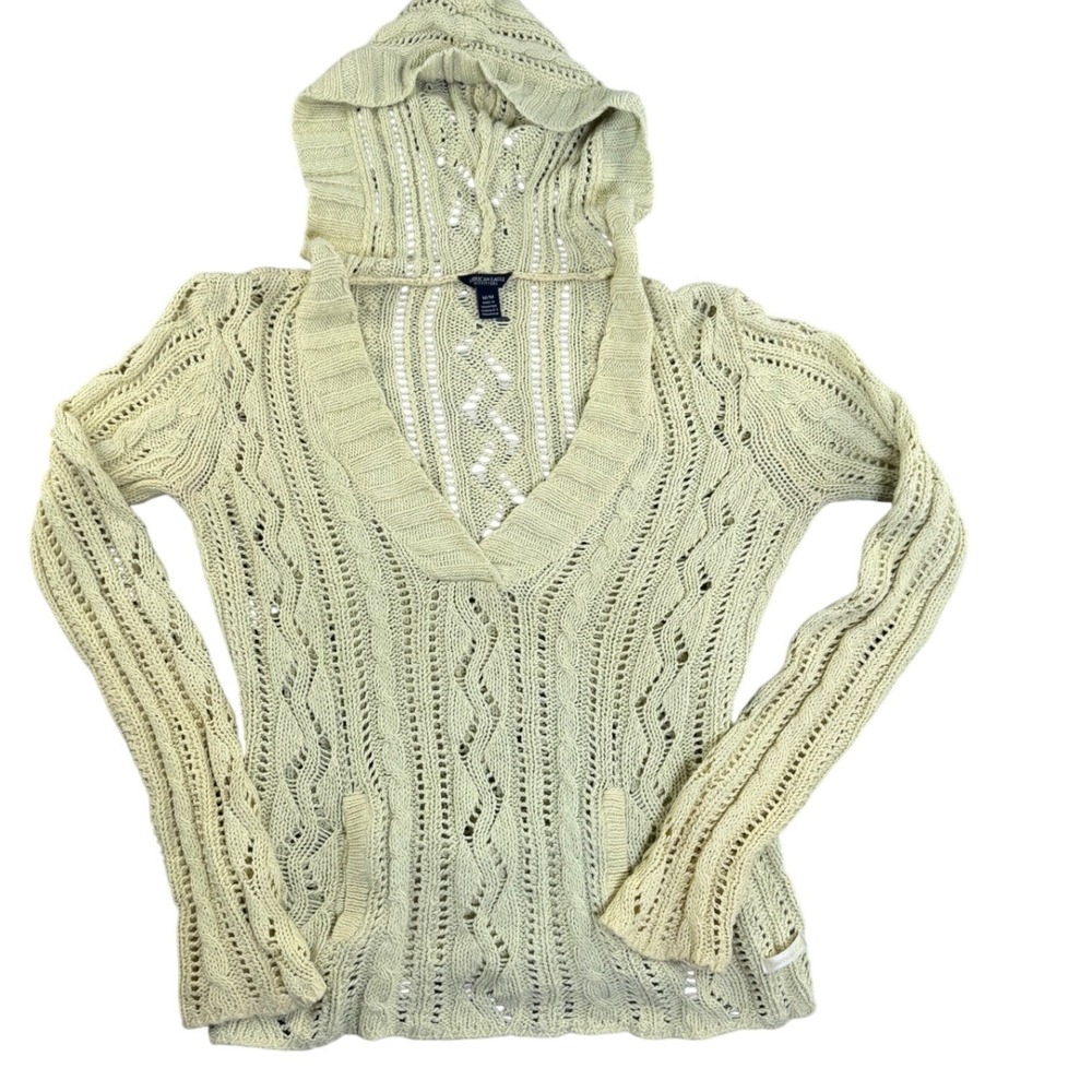 American Eagle Outfitters Women's Y2K M/M Beige Crochet Hooded V-Neck Sweater